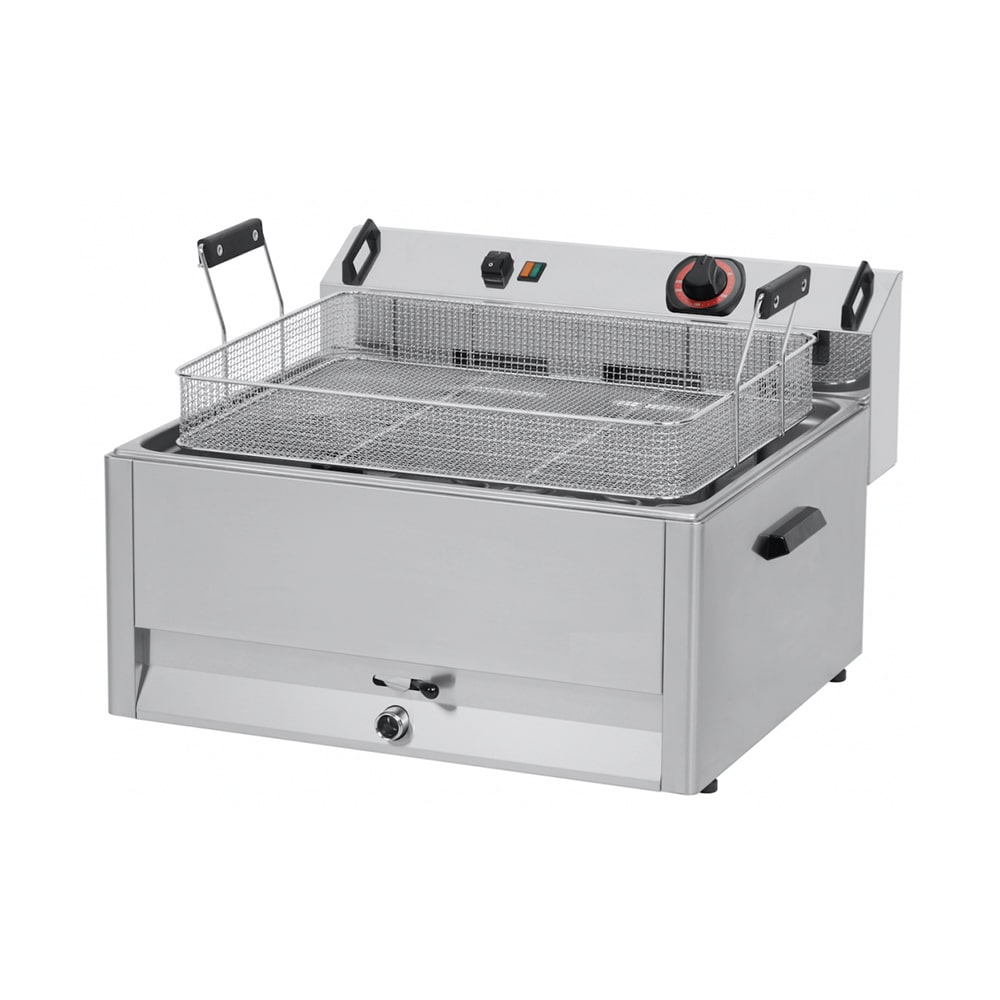 friggitrice professionale da banco in acciaio inox modello pasticceria con vasca da 16 L, 9000 W e termostato